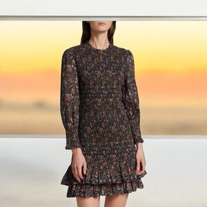 Veronica Beard Black Floral Long-Sleeve Ruffle Dress